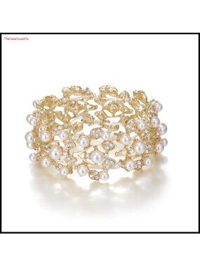 Crystal Faux Pearl Vine Leaf Stretch Bracelet for Women Wedding Party